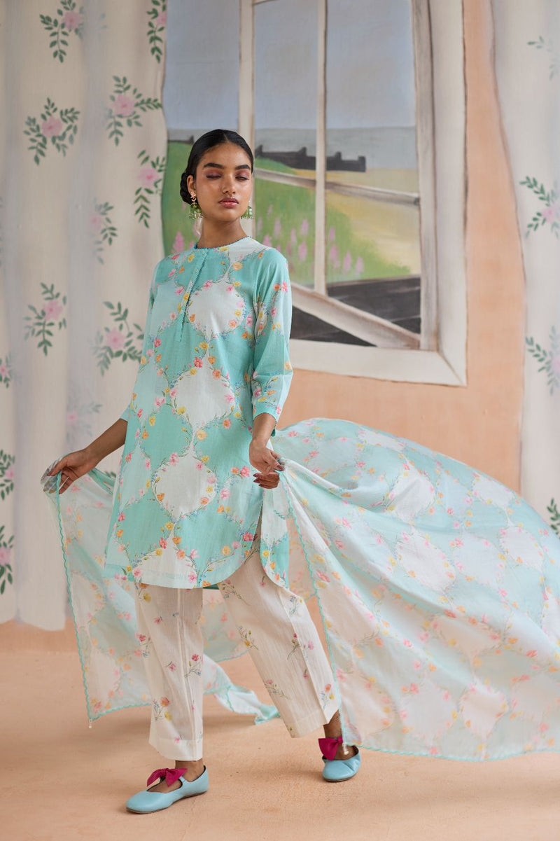 Drift and Dream Short Kurta Set cotton by Nadiya Paar in blue color for women Worldwide