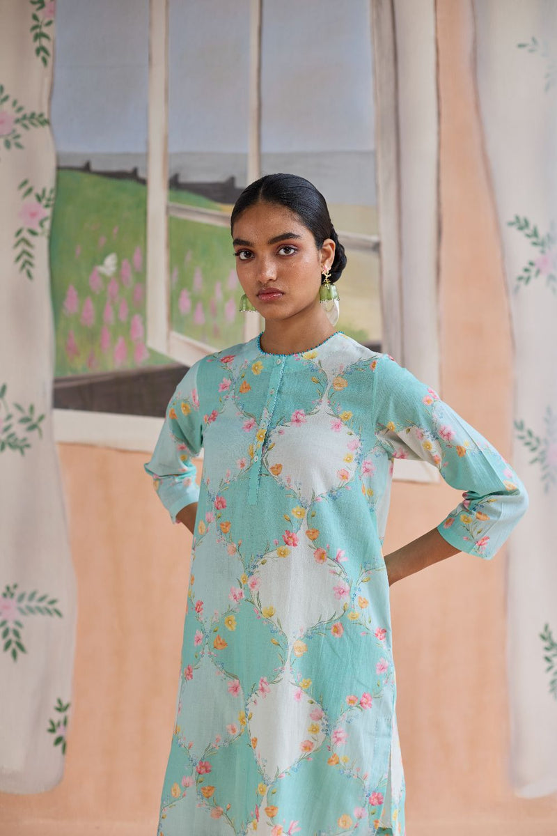 Drift and Dream Short Kurta Set cotton by Nadiya Paar in blue color for women Worldwide