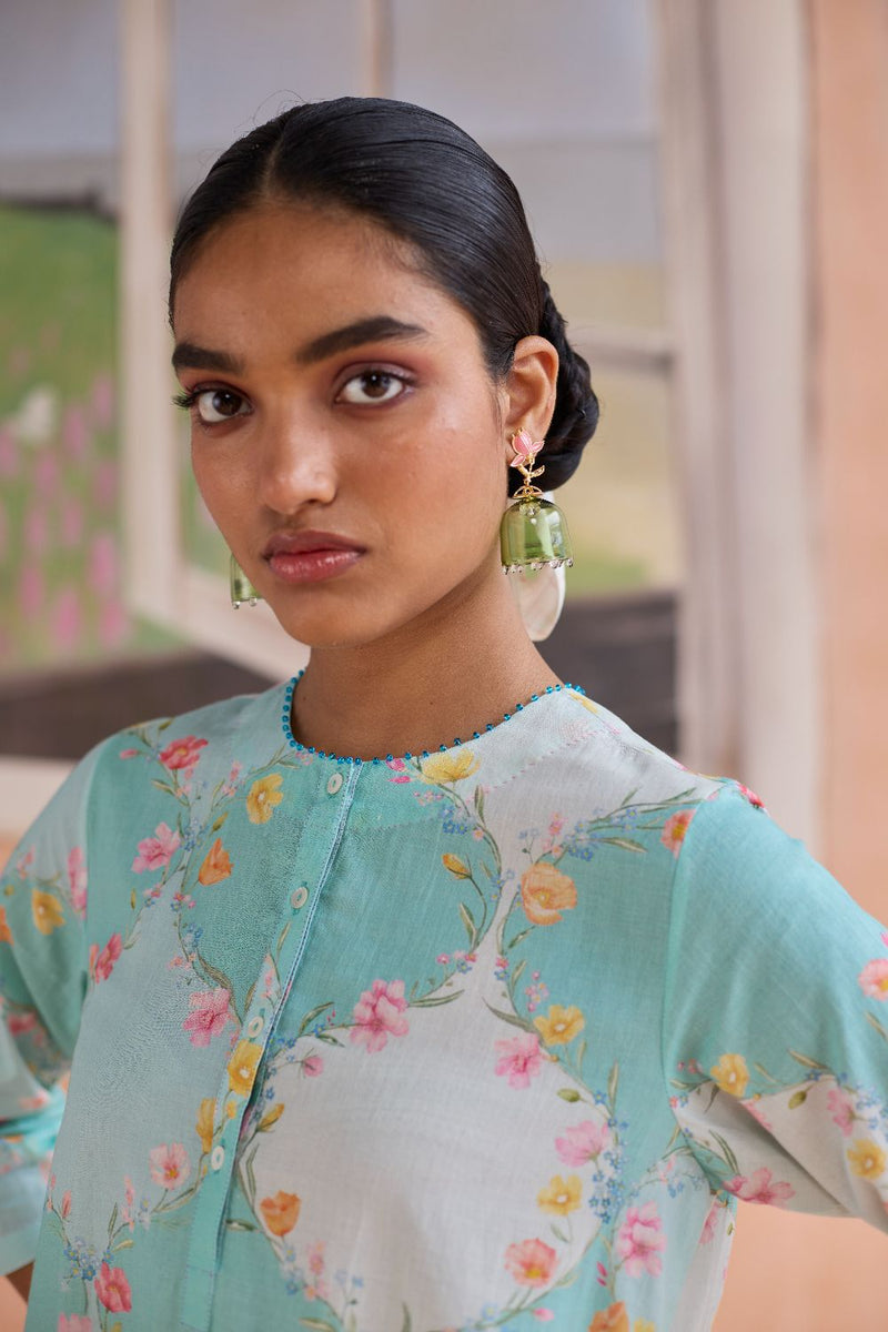 Drift and Dream Short Kurta Set cotton by Nadiya Paar in blue color for women Worldwide
