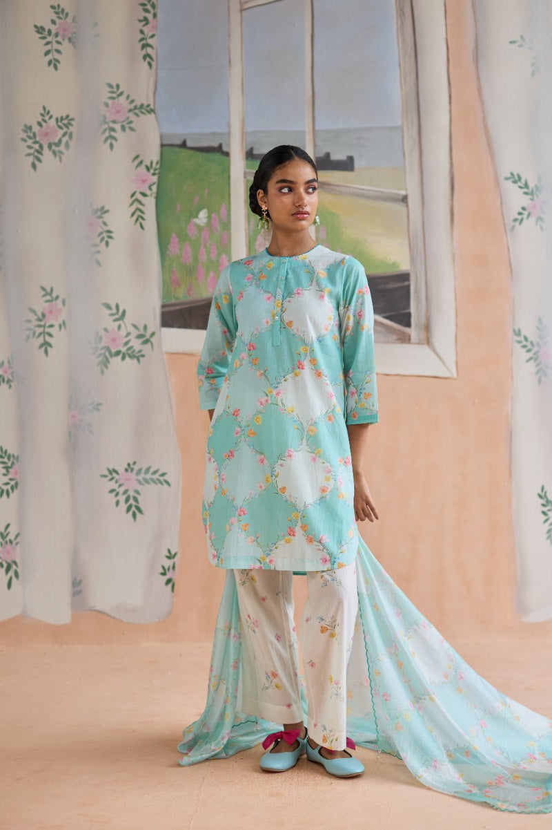 Drift and Dream Short Kurta Set cotton by Nadiya Paar in blue color for women Worldwide