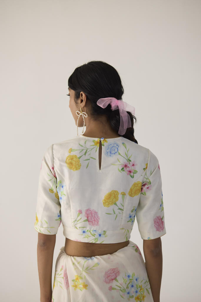 Marigold Round Neck Satin Blouse cotton by Nadiya Paar in white color for women Worldwide