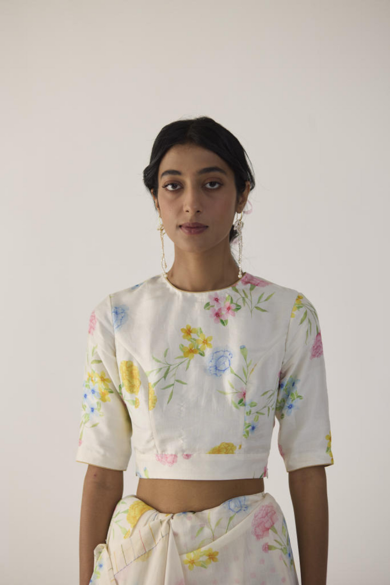 Marigold Round Neck Satin Blouse cotton by Nadiya Paar in white color for women Worldwide