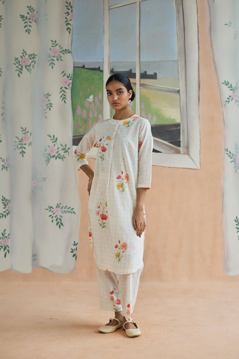 Poppy Long Kurta Set cotton by Nadiya Paar in white color for women Worldwide