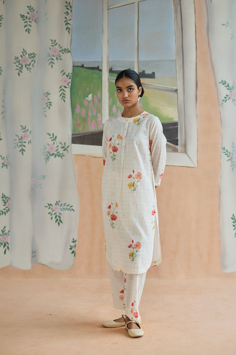 Poppy Long Kurta Set cotton by Nadiya Paar in white color for women Worldwide