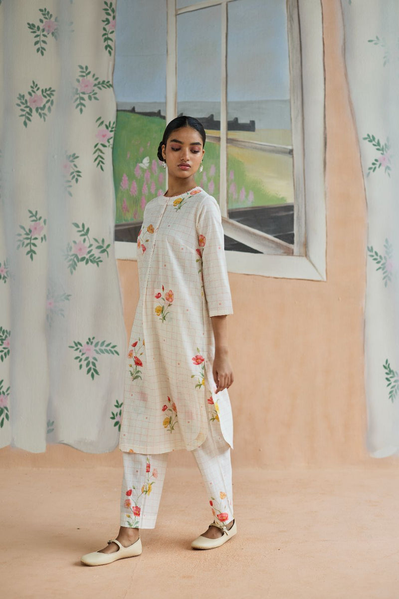 Poppy Long Kurta Set cotton by Nadiya Paar in white color for women Worldwide