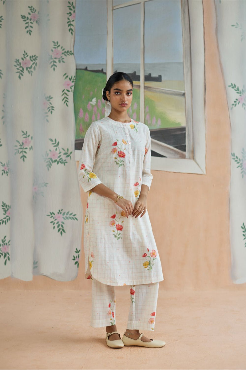 Poppy Long Kurta Set cotton by Nadiya Paar in white color for women Worldwide