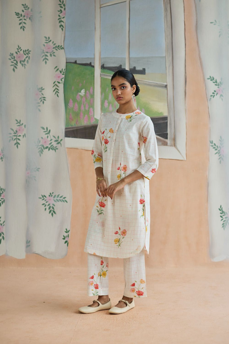 Poppy Long Kurta Set cotton by Nadiya Paar in white color for women Worldwide