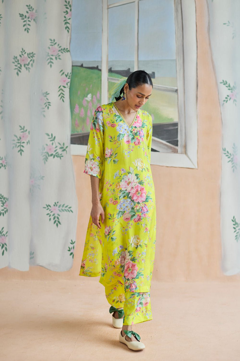 Citrus Long Kurta Set Bamboo Silk silk by Nadiya Paar in yellow color for women Worldwide