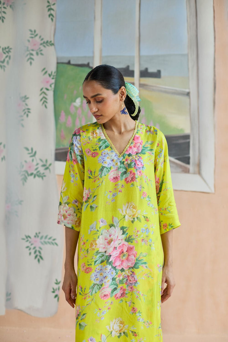 Citrus Long Kurta Set Bamboo Silk silk by Nadiya Paar in yellow color for women Worldwide