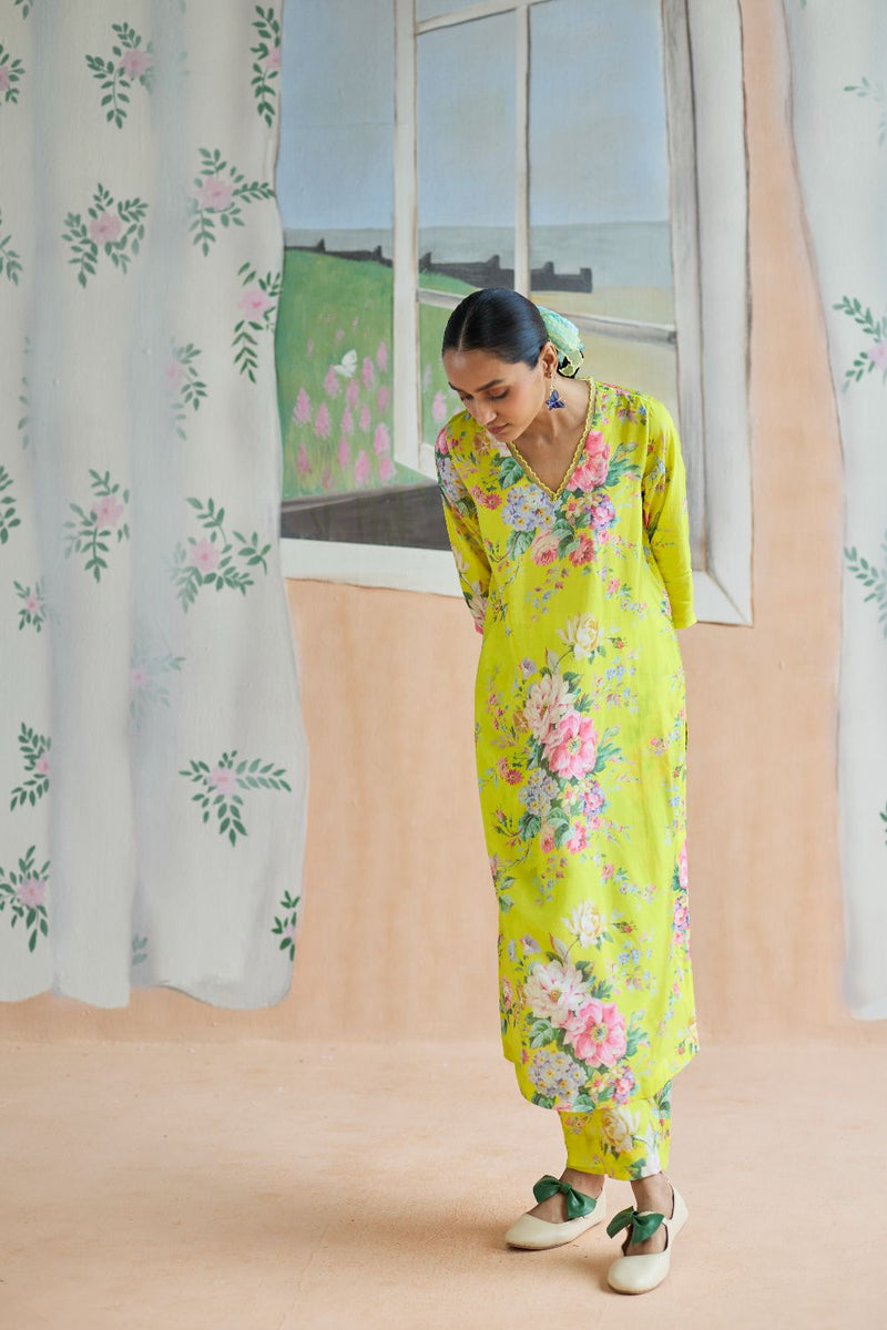Citrus Long Kurta Set Bamboo Silk silk by Nadiya Paar in yellow color for women Worldwide