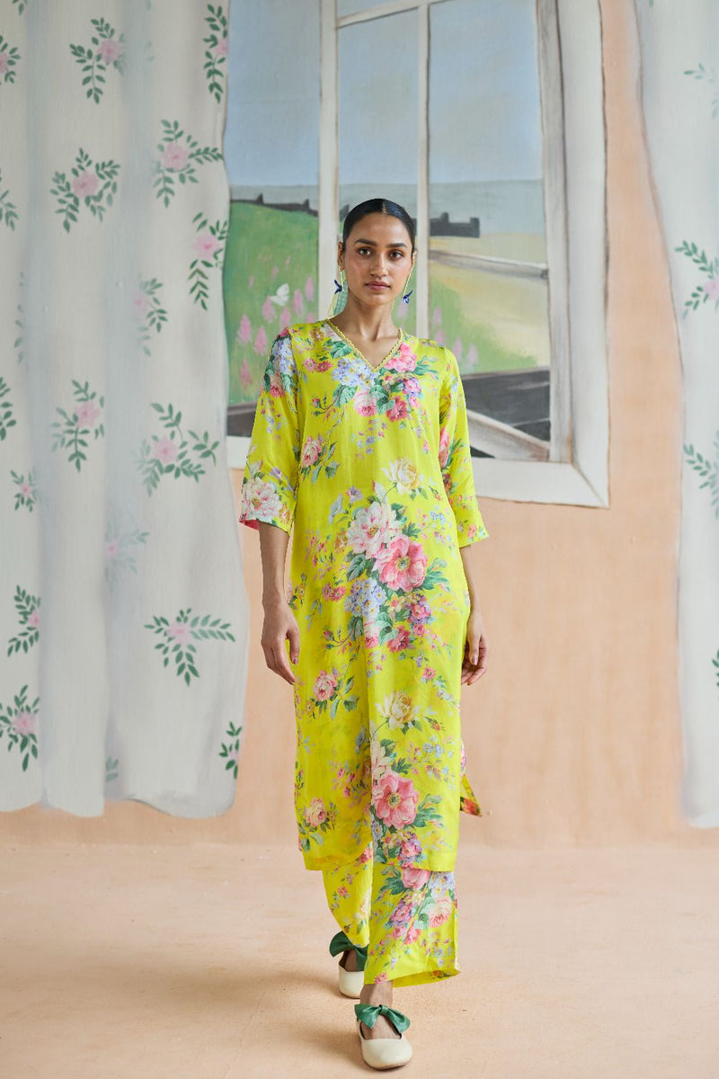 Citrus Long Kurta Set Bamboo Silk silk by Nadiya Paar in yellow color for women Worldwide