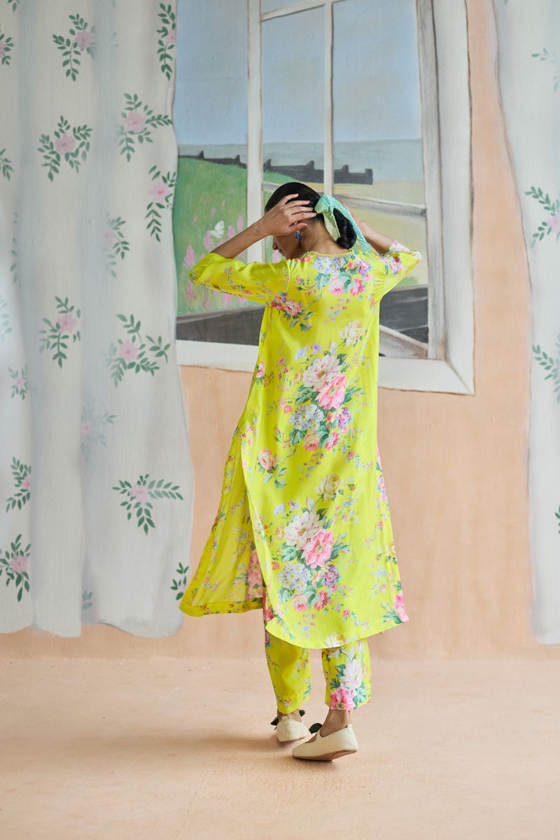 Citrus Long Kurta Set Bamboo Silk silk by Nadiya Paar in yellow color for women Worldwide