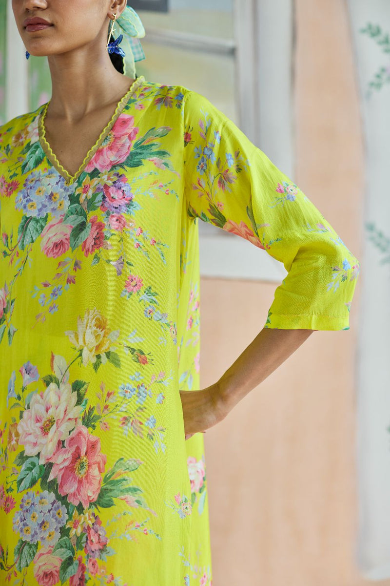 Citrus Long Kurta Set Bamboo Silk silk by Nadiya Paar in yellow color for women Worldwide