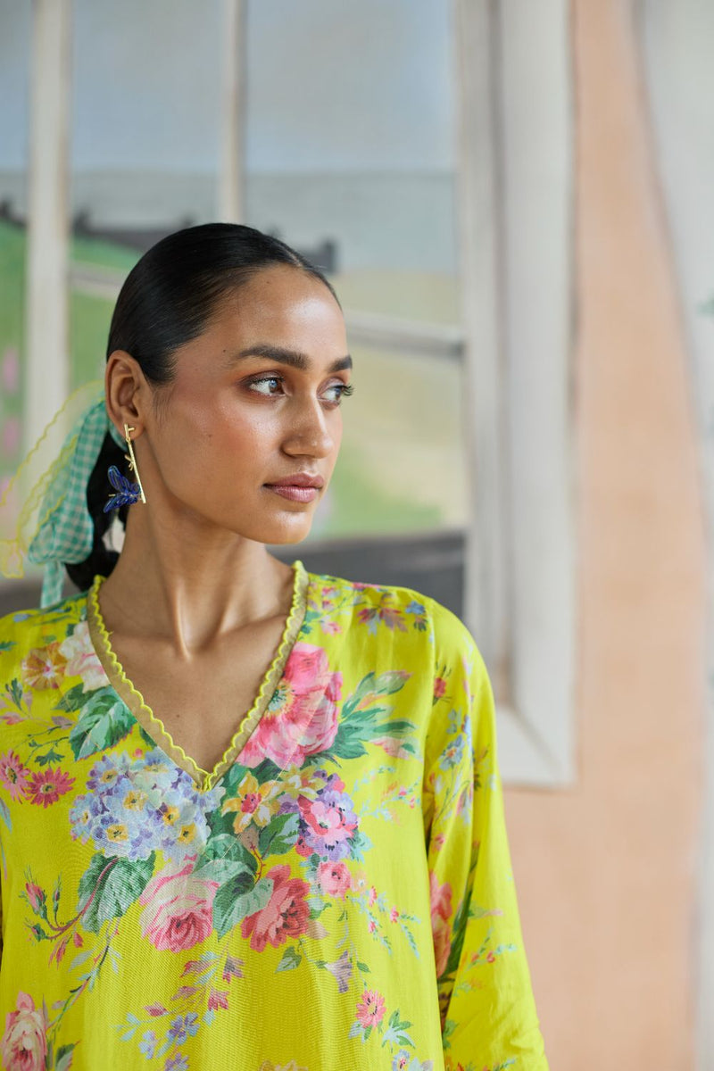Citrus Long Kurta Set Bamboo Silk silk by Nadiya Paar in yellow color for women Worldwide
