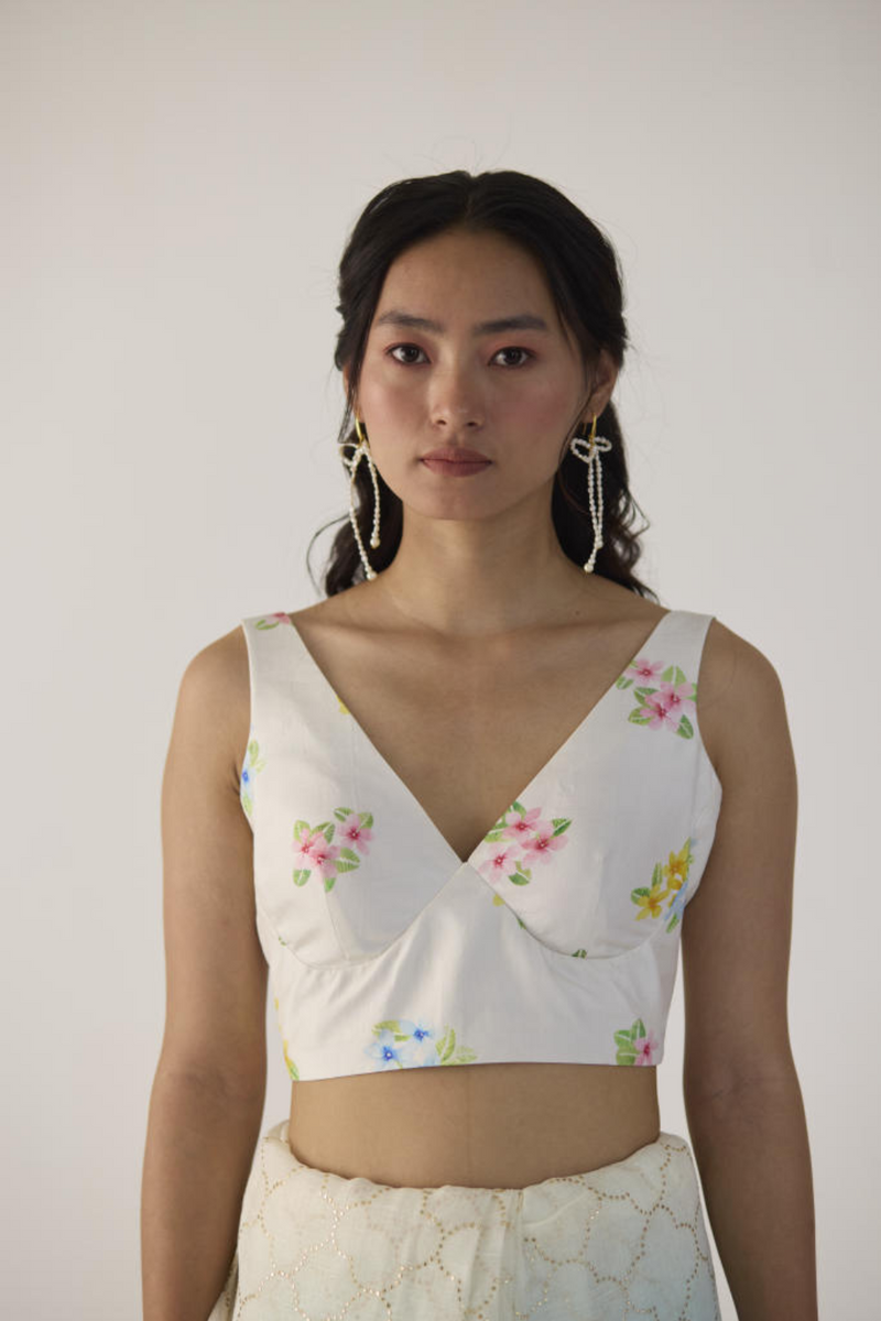 Periwinkles Deep V Padded Blouse silk by Nadiya Paar in white color for women Worldwide