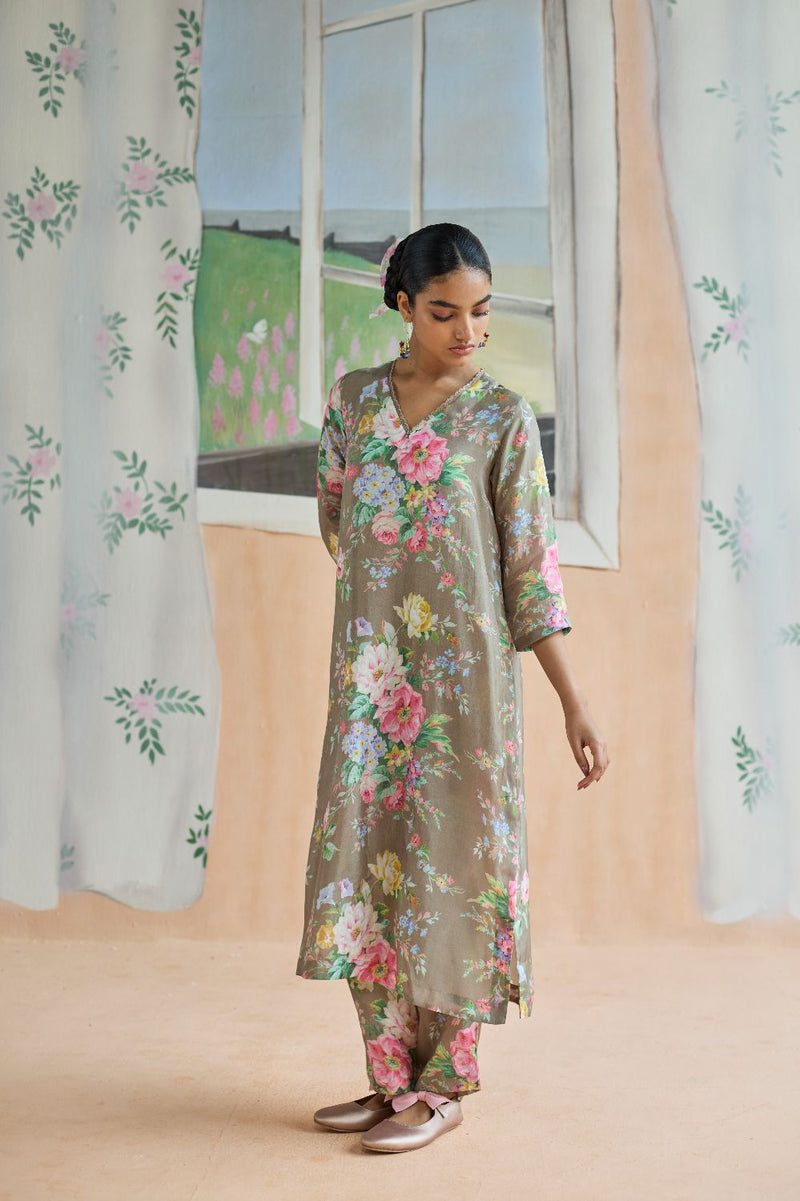 Mocha Long Kurta Set Bamboo Silk silk by Nadiya Paar in brown color for women Worldwide