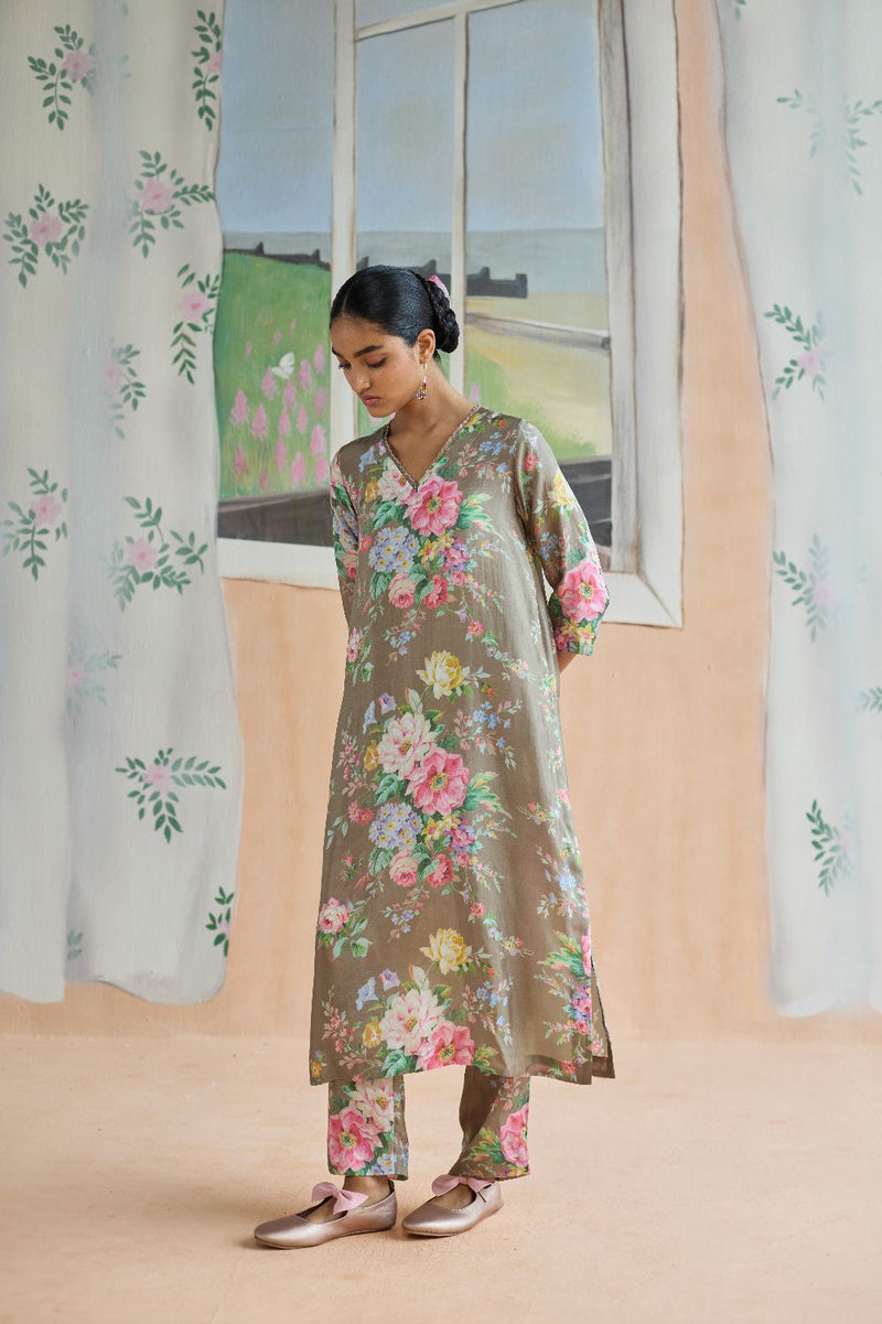 Mocha Long Kurta Set Bamboo Silk silk by Nadiya Paar in brown color for women Worldwide