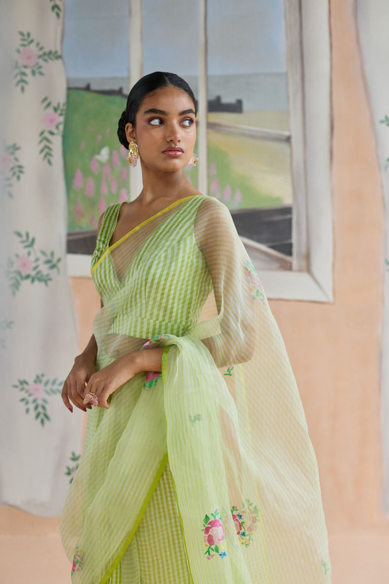 Flower Song Jamdani Sari organza by Nadiya Paar in green color for women Worldwide