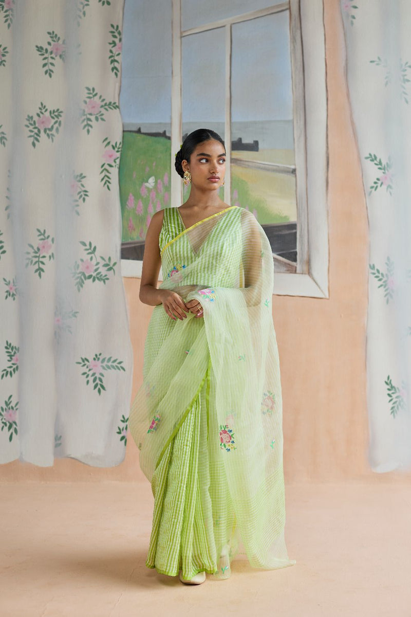 Flower Song Jamdani Sari organza by Nadiya Paar in green color for women Worldwide