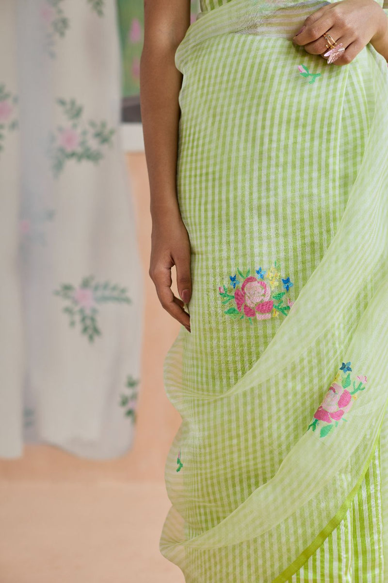 Flower Song Jamdani Sari organza by Nadiya Paar in green color for women Worldwide