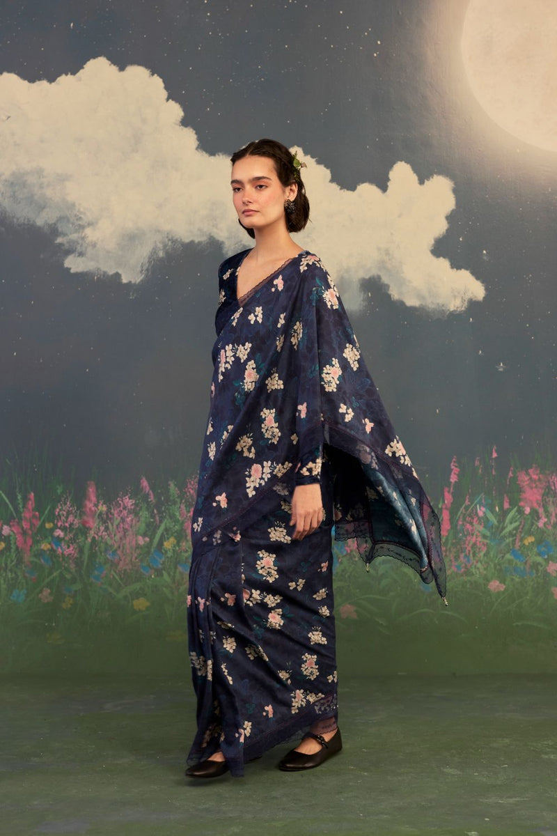 Moonlit Rose Mulberry Silk Sari silk by Nadiya Paar in black color for women Worldwide
