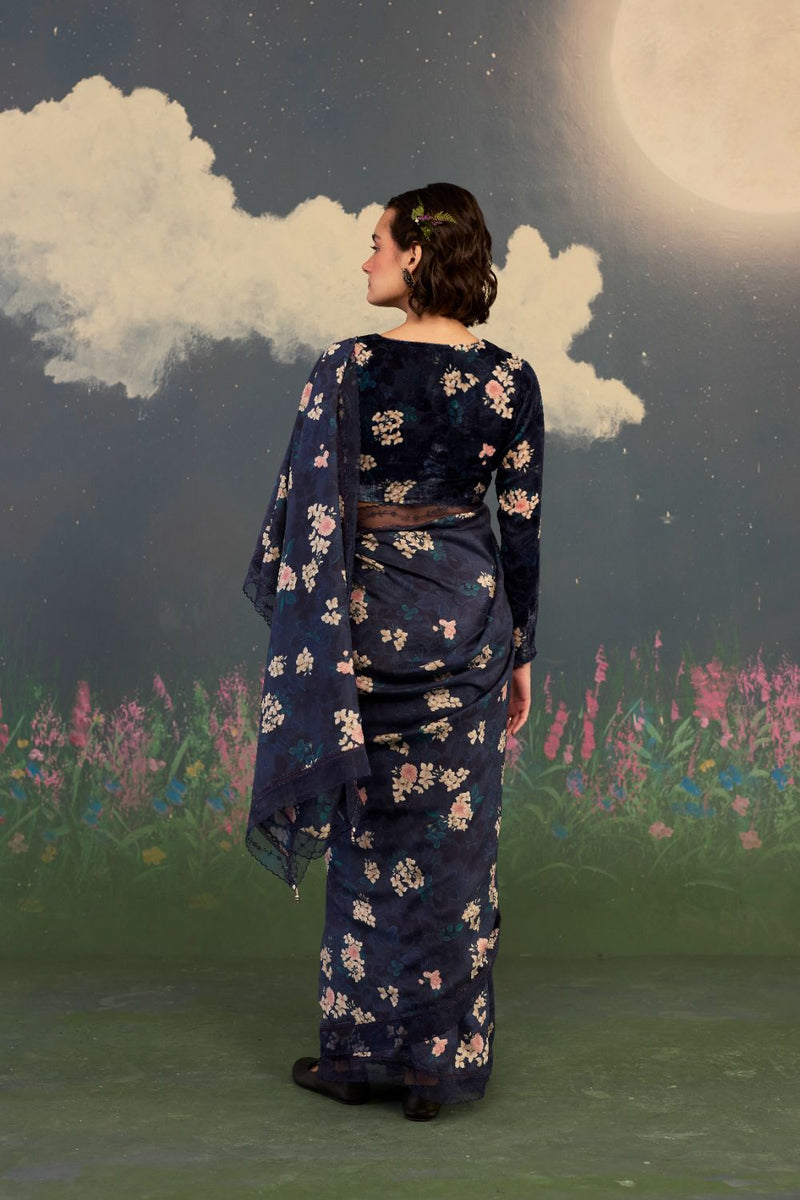 Moonlit Rose Mulberry Silk Sari silk by Nadiya Paar in black color for women Worldwide