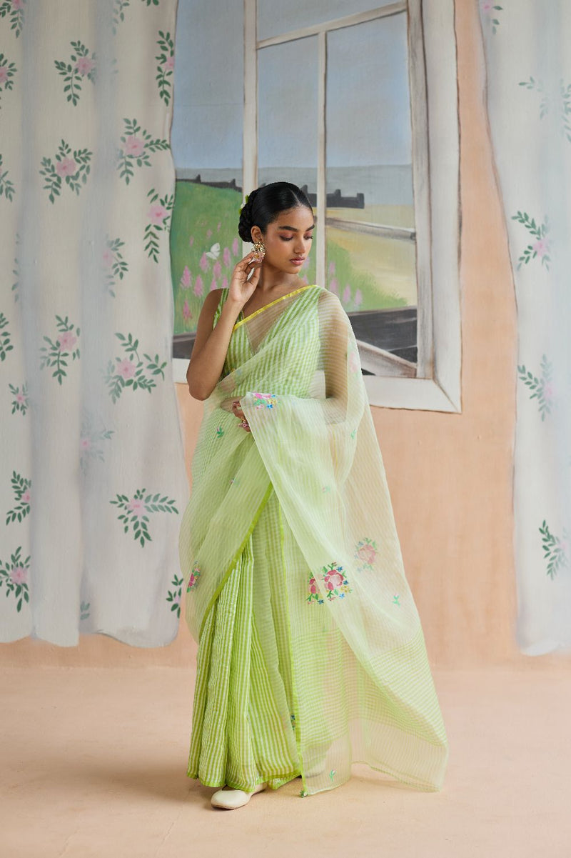Flower Song Jamdani Sari organza by Nadiya Paar in green color for women Worldwide