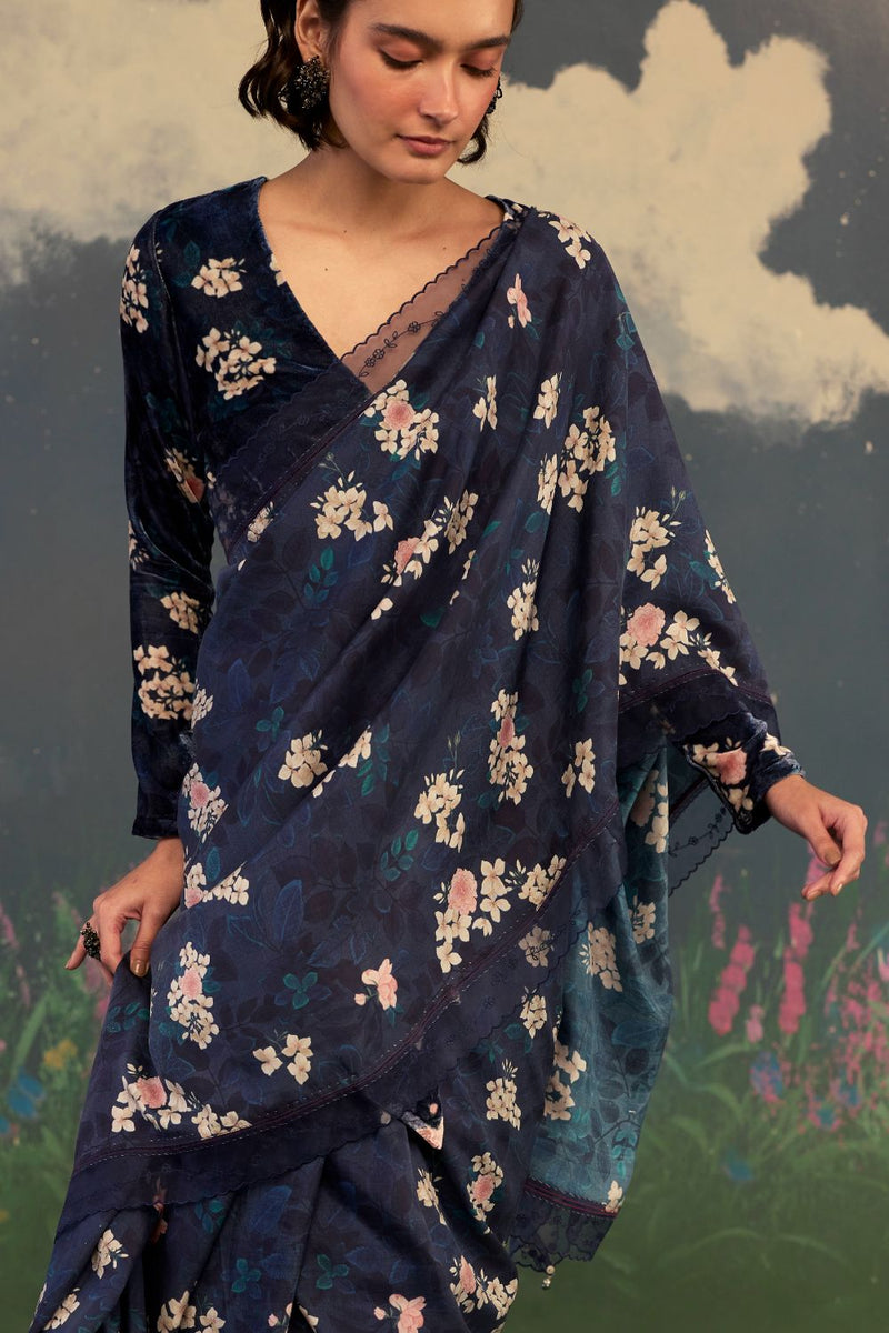 Moonlit Rose Mulberry Silk Sari silk by Nadiya Paar in black color for women Worldwide