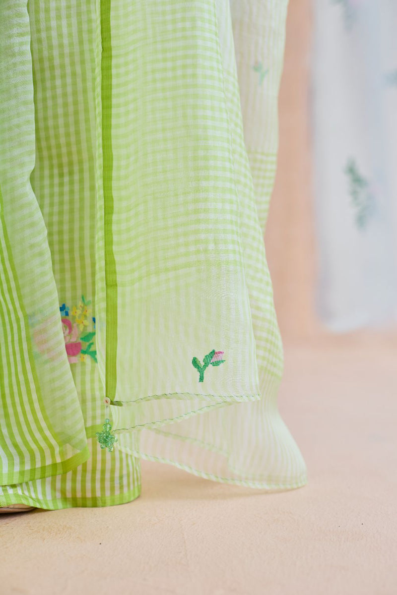 Flower Song Jamdani Sari organza by Nadiya Paar in green color for women Worldwide