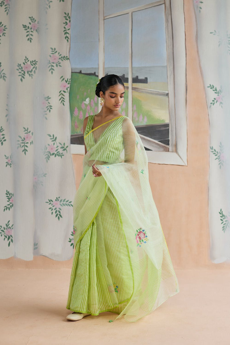 Flower Song Jamdani Sari organza by Nadiya Paar in green color for women Worldwide