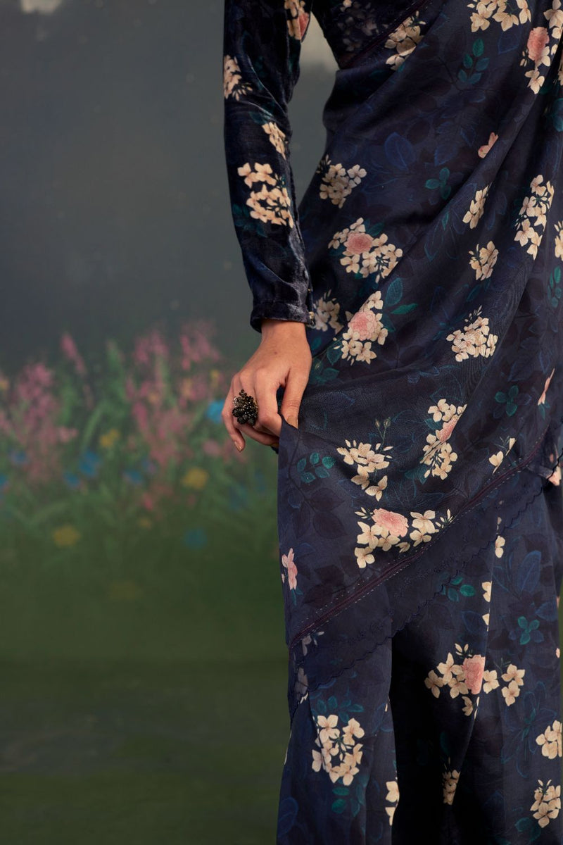 Moonlit Rose Mulberry Silk Sari silk by Nadiya Paar in black color for women Worldwide