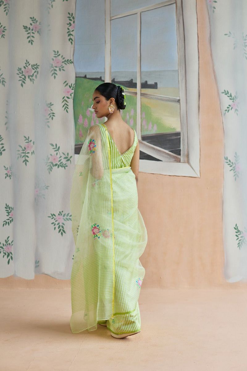 Flower Song Jamdani Sari organza by Nadiya Paar in green color for women Worldwide