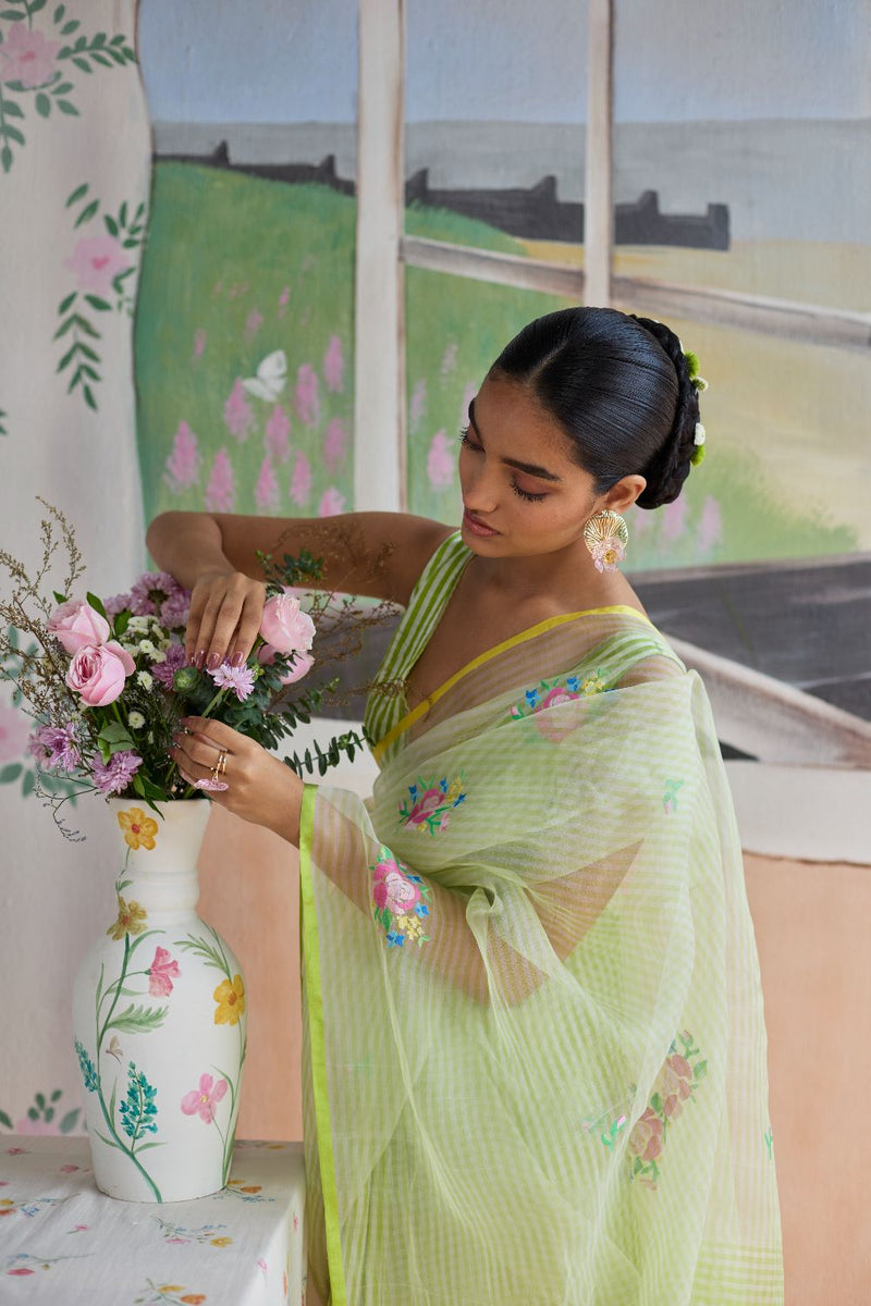 Flower Song Jamdani Sari organza by Nadiya Paar in green color for women Worldwide