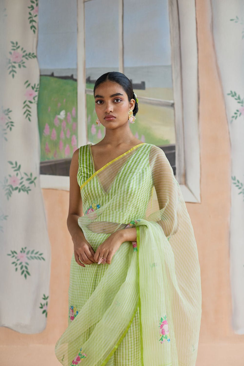 Flower Song Jamdani Sari organza by Nadiya Paar in green color for women Worldwide
