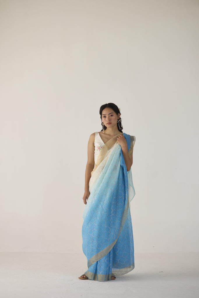 Blue Ombre Linen Sari with Gold Dot Print by Nadiya Paar in blue color for women Worldwide