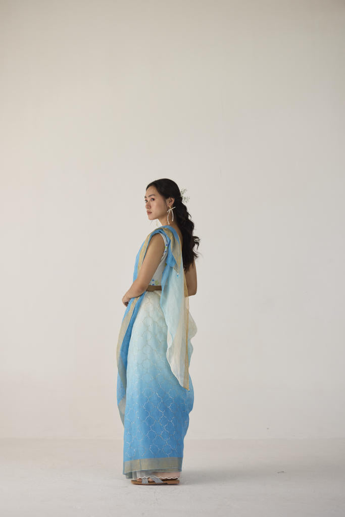 Blue Ombre Linen Sari with Gold Dot Print by Nadiya Paar in blue color for women Worldwide