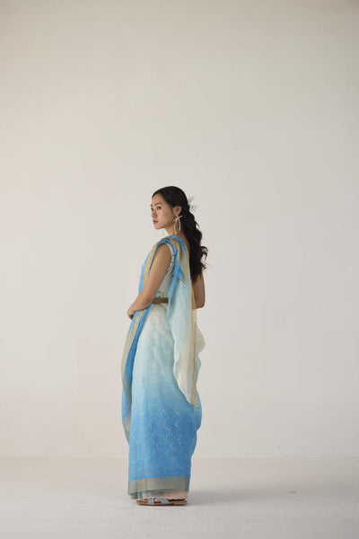 Blue Ombre Linen Sari with Gold Dot Print