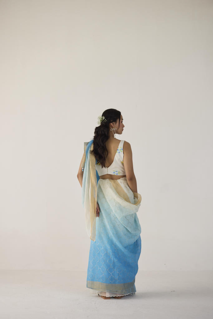 Blue Ombre Linen Sari with Gold Dot Print by Nadiya Paar in blue color for women Worldwide