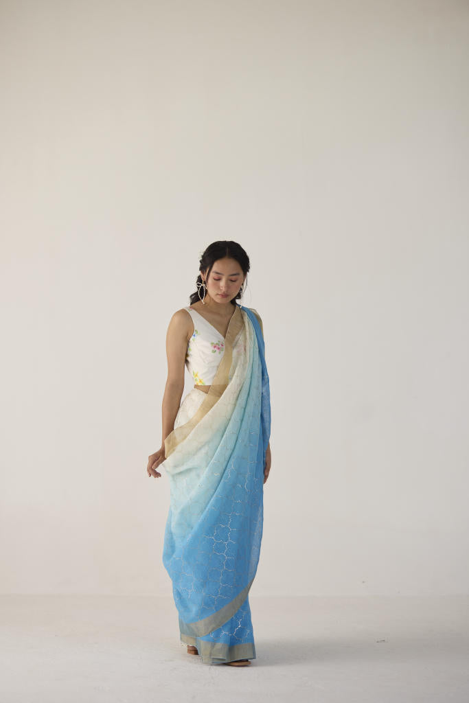 Blue Ombre Linen Sari with Gold Dot Print by Nadiya Paar in blue color for women Worldwide