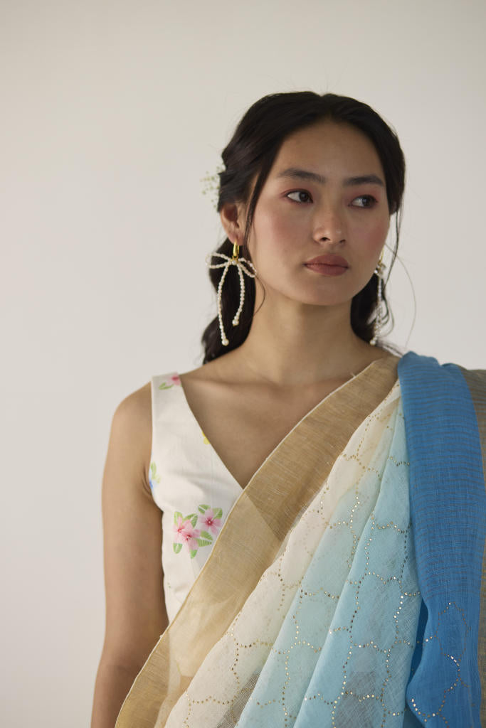 Blue Ombre Linen Sari with Gold Dot Print by Nadiya Paar in blue color for women Worldwide