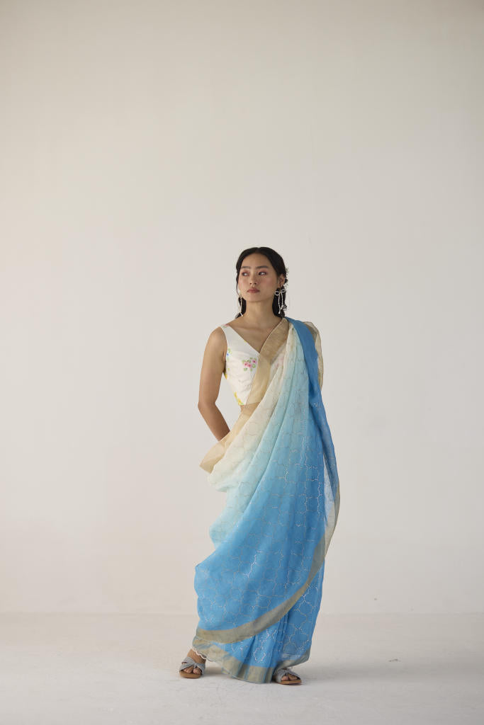 Blue Ombre Linen Sari with Gold Dot Print