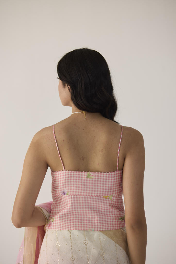 Serene Meadow Noodle Strap Blouse-Pink Checks silk by Nadiya Paar in pink color for women Worldwide