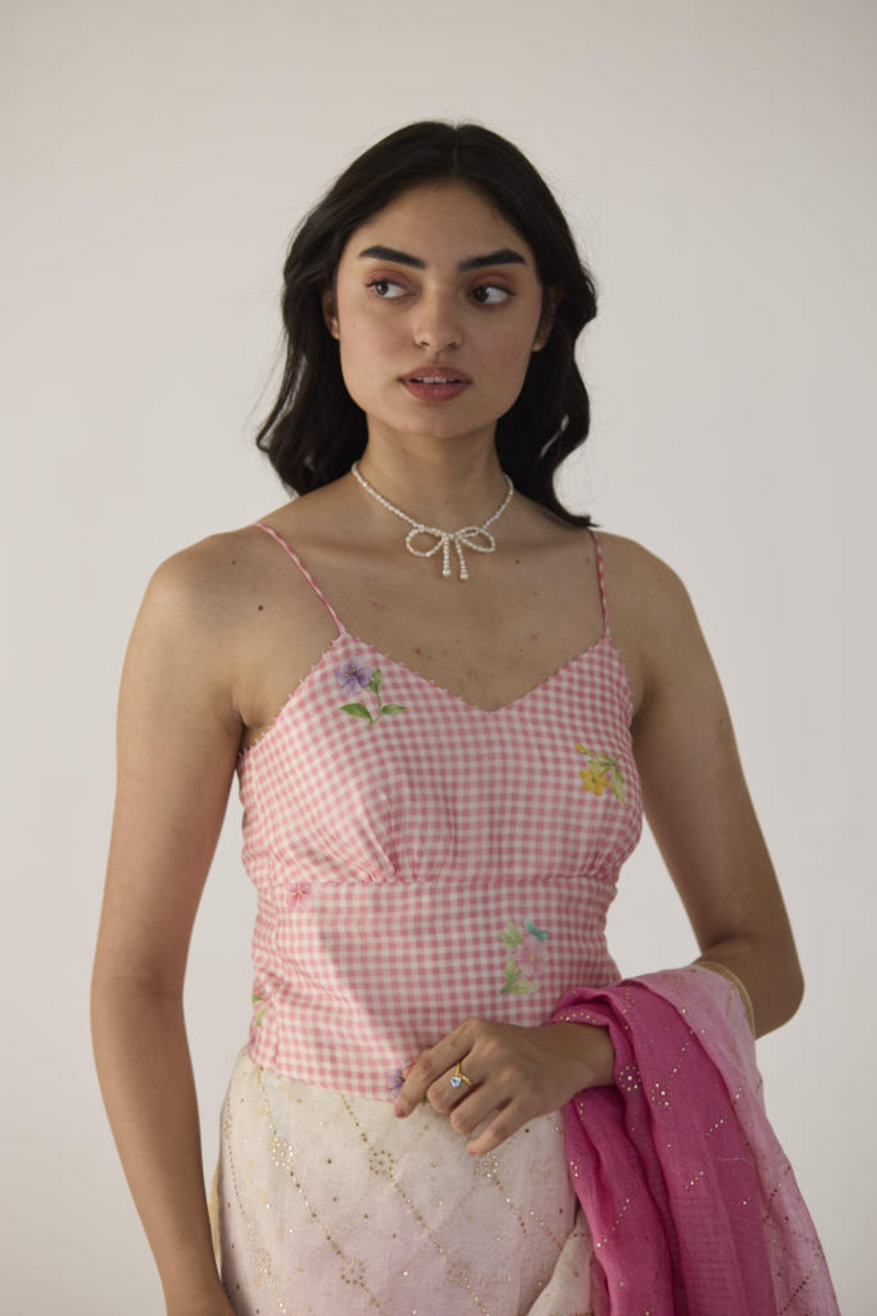 Serene Meadow Noodle Strap Blouse-Pink Checks silk by Nadiya Paar in pink color for women Worldwide