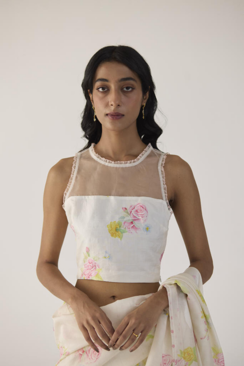 Mist Blouse without Sleeve silk by Nadiya Paar in white color for women Worldwide