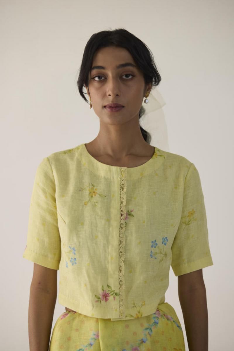 Lace Blouse Gulmarg-Yellow by Nadiya Paar in yellow color for women Worldwide