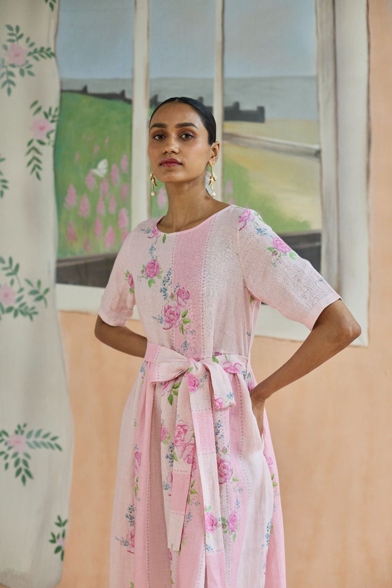 Rose Haze Midi Dress Linen linen by Nadiya Paar in pink color for women Worldwide