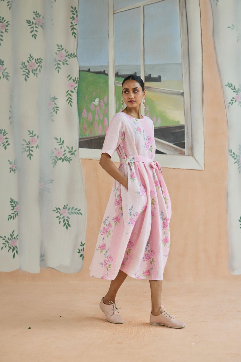 Rose Haze Midi Dress Linen linen by Nadiya Paar in pink color for women Worldwide