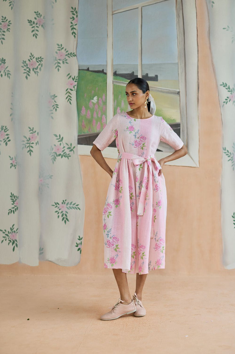Rose Haze Midi Dress Linen linen by Nadiya Paar in pink color for women Worldwide
