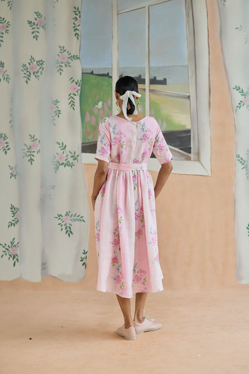 Rose Haze Midi Dress Linen linen by Nadiya Paar in pink color for women Worldwide
