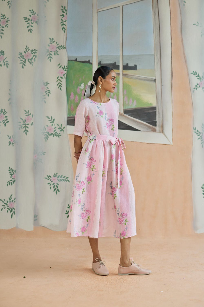 Rose Haze Midi Dress Linen linen by Nadiya Paar in pink color for women Worldwide